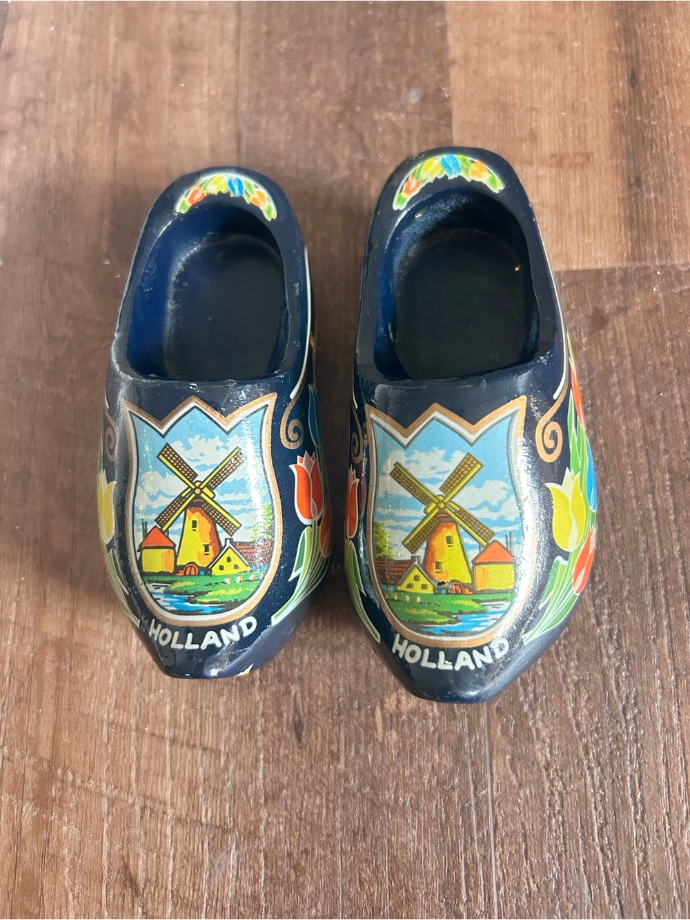 Vintage decorative wooden hand-painted navy blue with tulips clogs from Holland